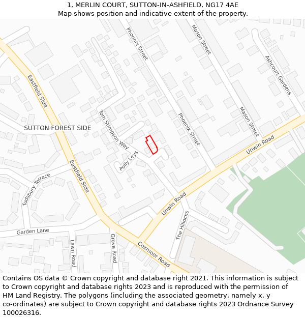 1, MERLIN COURT, SUTTON-IN-ASHFIELD, NG17 4AE: Location map and indicative extent of plot