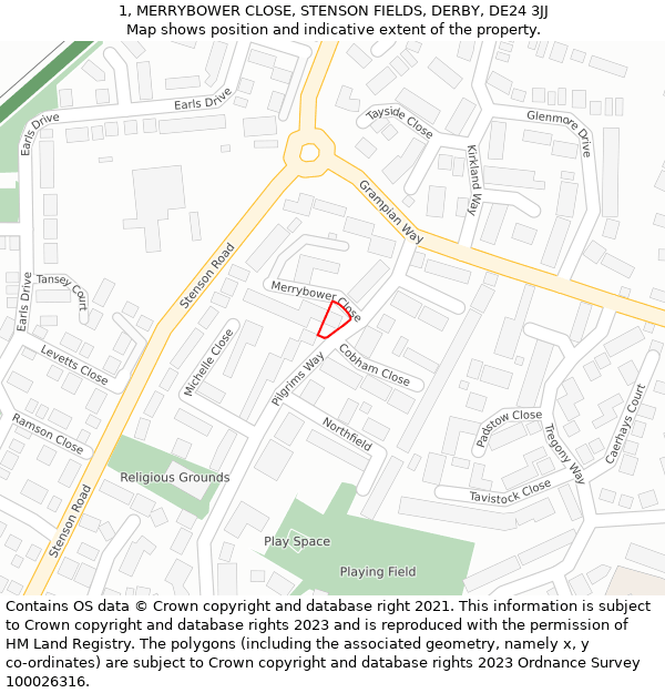 1, MERRYBOWER CLOSE, STENSON FIELDS, DERBY, DE24 3JJ: Location map and indicative extent of plot