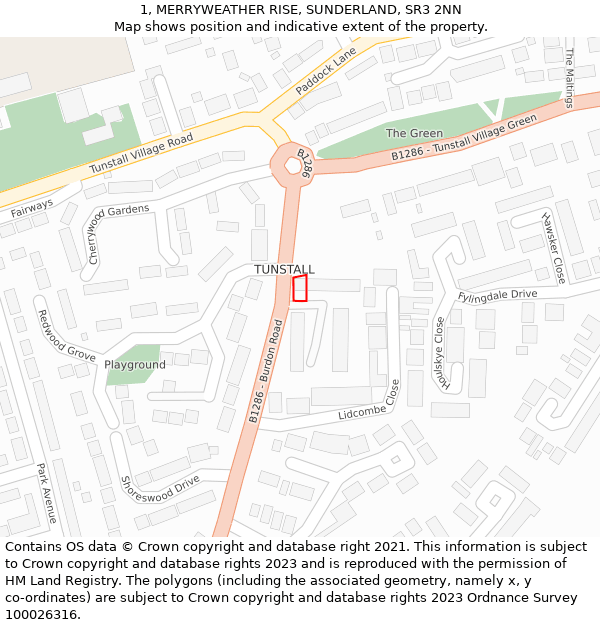 1, MERRYWEATHER RISE, SUNDERLAND, SR3 2NN: Location map and indicative extent of plot