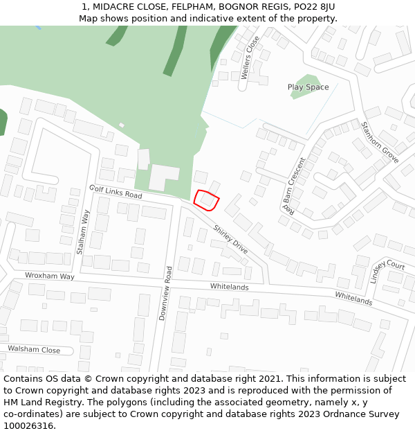 1, MIDACRE CLOSE, FELPHAM, BOGNOR REGIS, PO22 8JU: Location map and indicative extent of plot