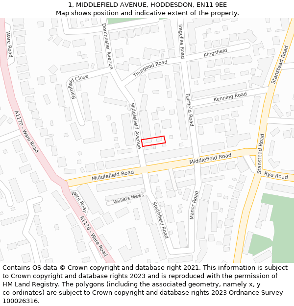 1, MIDDLEFIELD AVENUE, HODDESDON, EN11 9EE: Location map and indicative extent of plot