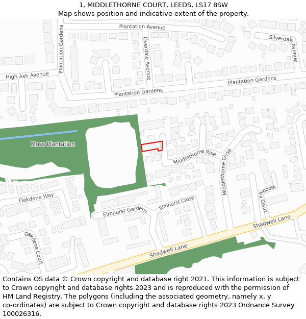 1, MIDDLETHORNE COURT, LEEDS, LS17 8SW: Location map and indicative extent of plot