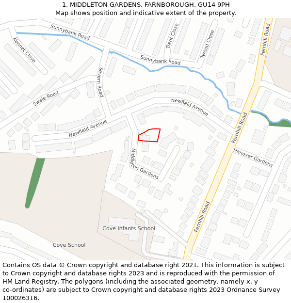 1, MIDDLETON GARDENS, FARNBOROUGH, GU14 9PH: Location map and indicative extent of plot