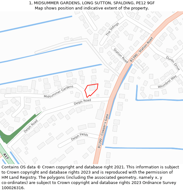 1, MIDSUMMER GARDENS, LONG SUTTON, SPALDING, PE12 9GF: Location map and indicative extent of plot