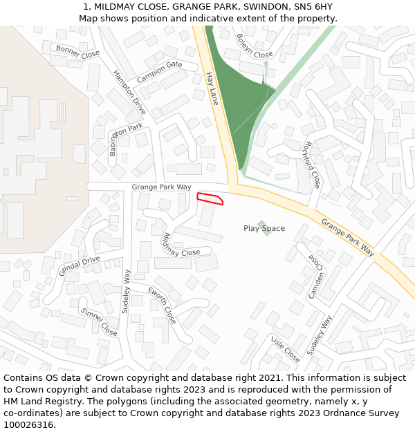 1, MILDMAY CLOSE, GRANGE PARK, SWINDON, SN5 6HY: Location map and indicative extent of plot