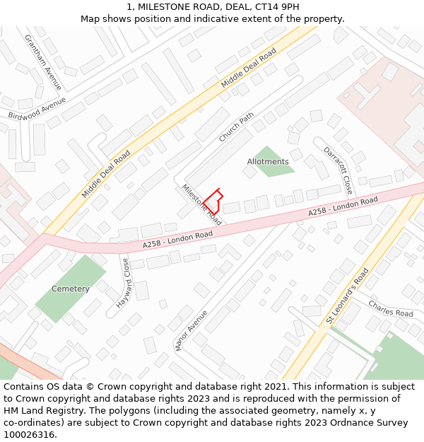 1, MILESTONE ROAD, DEAL, CT14 9PH: Location map and indicative extent of plot