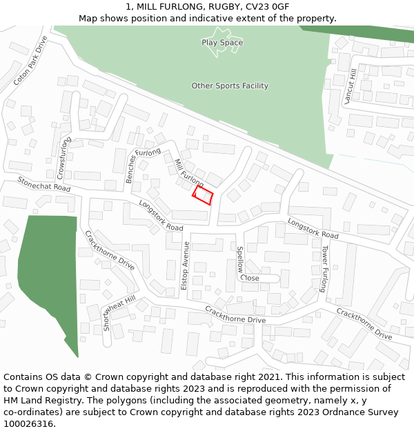 1, MILL FURLONG, RUGBY, CV23 0GF: Location map and indicative extent of plot