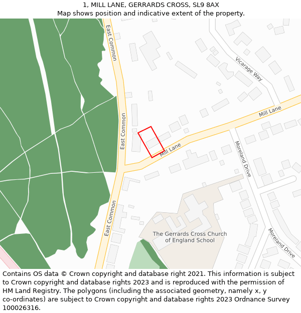 1, MILL LANE, GERRARDS CROSS, SL9 8AX: Location map and indicative extent of plot