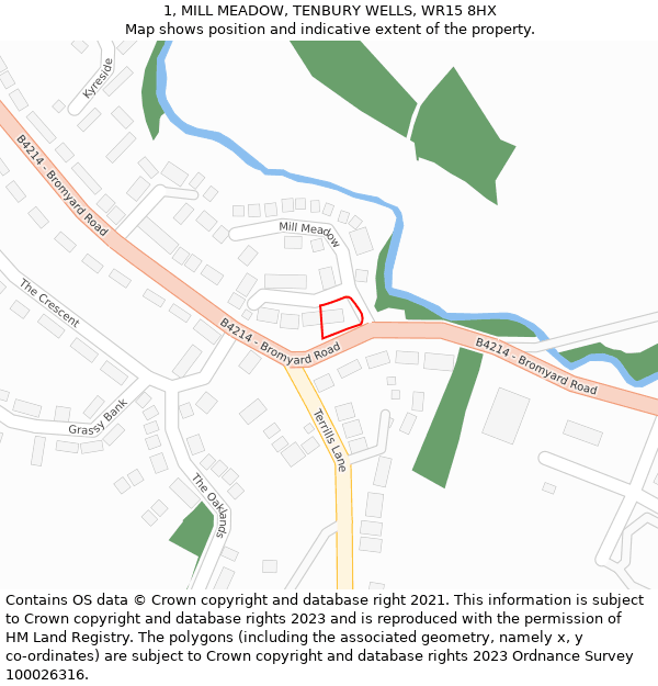 1, MILL MEADOW, TENBURY WELLS, WR15 8HX: Location map and indicative extent of plot