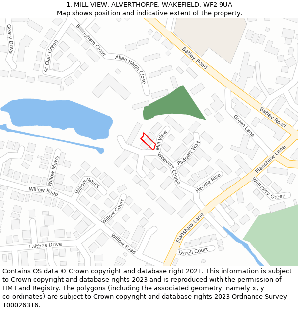 1, MILL VIEW, ALVERTHORPE, WAKEFIELD, WF2 9UA: Location map and indicative extent of plot