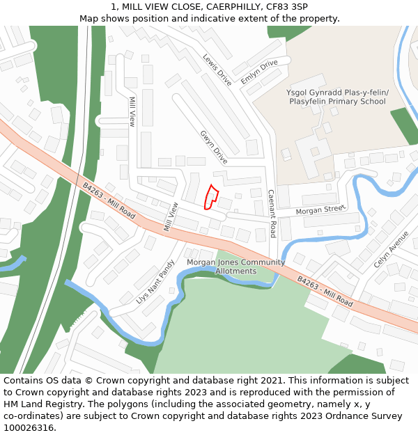 1, MILL VIEW CLOSE, CAERPHILLY, CF83 3SP: Location map and indicative extent of plot