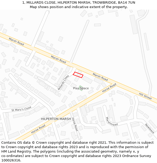 1, MILLARDS CLOSE, HILPERTON MARSH, TROWBRIDGE, BA14 7UN: Location map and indicative extent of plot