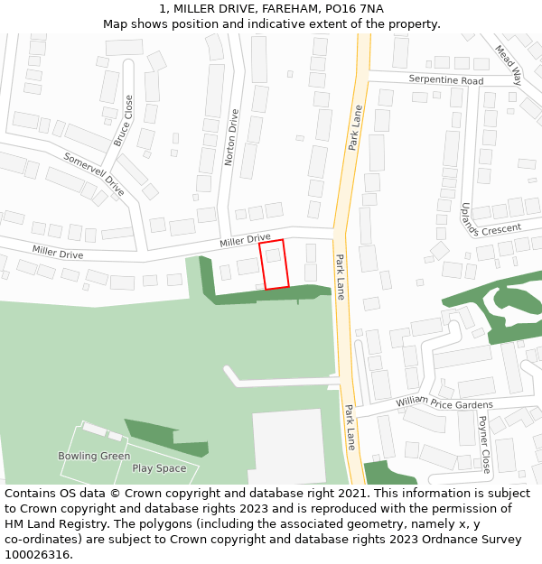 1, MILLER DRIVE, FAREHAM, PO16 7NA: Location map and indicative extent of plot