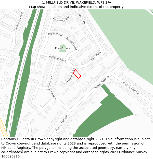 1, MILLFIELD DRIVE, WAKEFIELD, WF1 2FA: Location map and indicative extent of plot