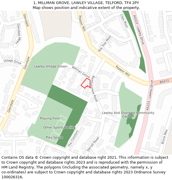 1, MILLMAN GROVE, LAWLEY VILLAGE, TELFORD, TF4 2PY: Location map and indicative extent of plot