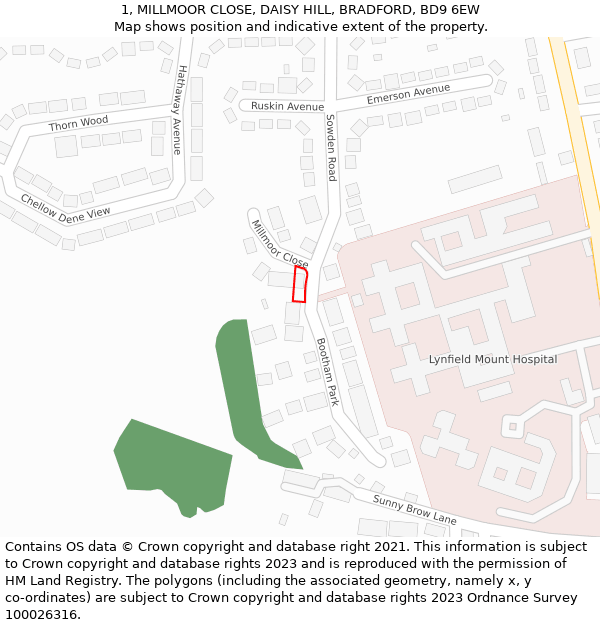 1, MILLMOOR CLOSE, DAISY HILL, BRADFORD, BD9 6EW: Location map and indicative extent of plot
