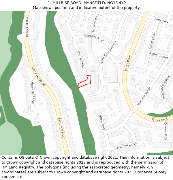 1, MILLRISE ROAD, MANSFIELD, NG18 4YP: Location map and indicative extent of plot
