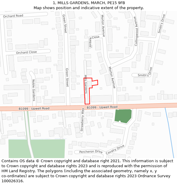 1, MILLS GARDENS, MARCH, PE15 9FB: Location map and indicative extent of plot