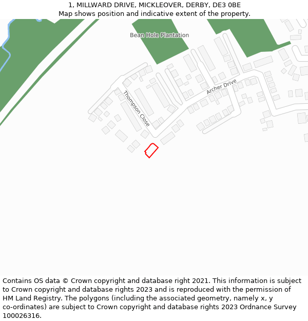 1, MILLWARD DRIVE, MICKLEOVER, DERBY, DE3 0BE: Location map and indicative extent of plot