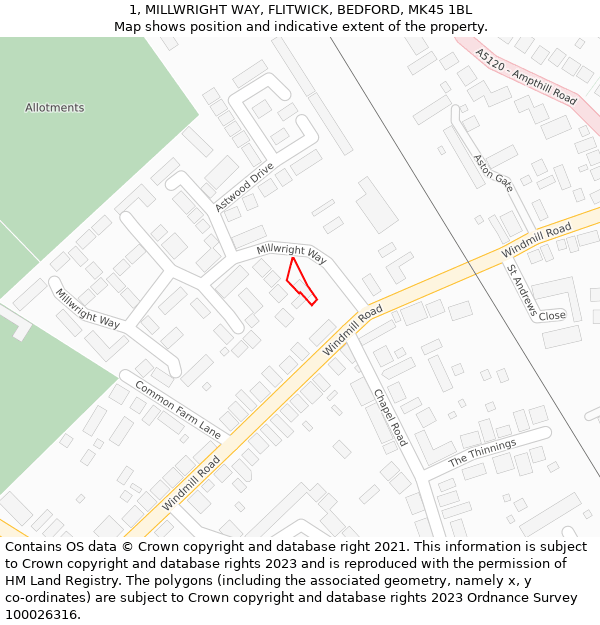 1, MILLWRIGHT WAY, FLITWICK, BEDFORD, MK45 1BL: Location map and indicative extent of plot