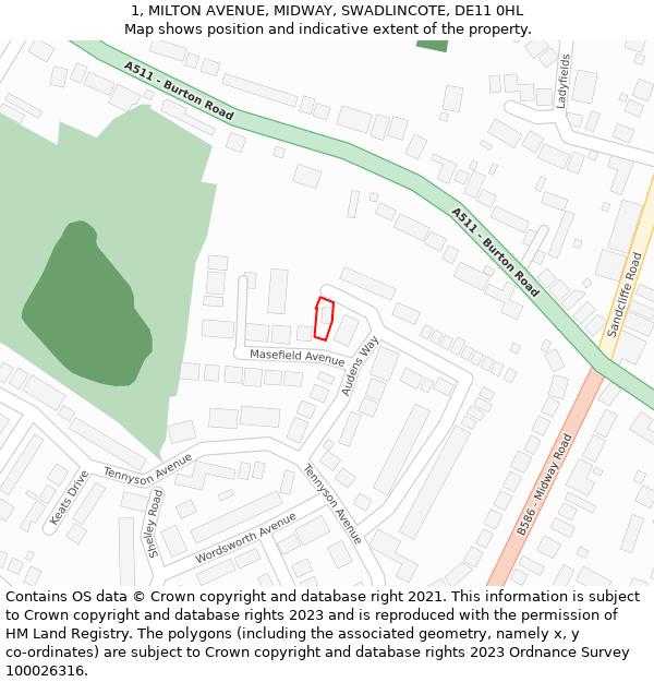 1, MILTON AVENUE, MIDWAY, SWADLINCOTE, DE11 0HL: Location map and indicative extent of plot