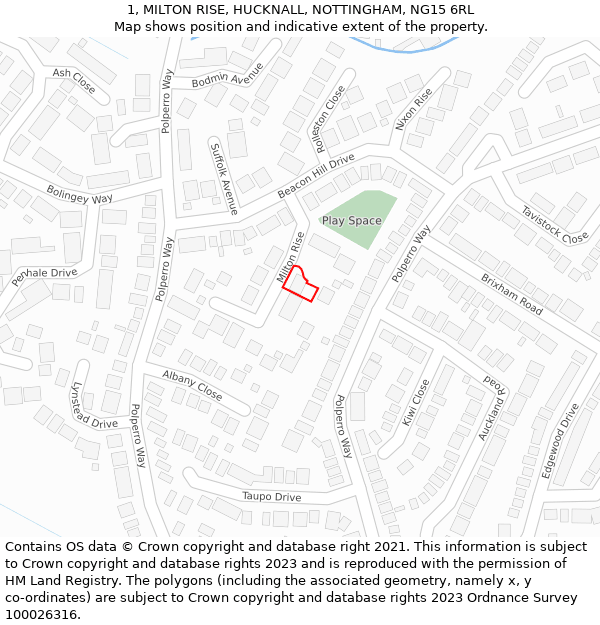 1, MILTON RISE, HUCKNALL, NOTTINGHAM, NG15 6RL: Location map and indicative extent of plot