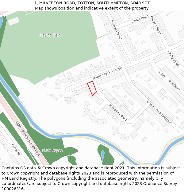 1, MILVERTON ROAD, TOTTON, SOUTHAMPTON, SO40 9GT: Location map and indicative extent of plot