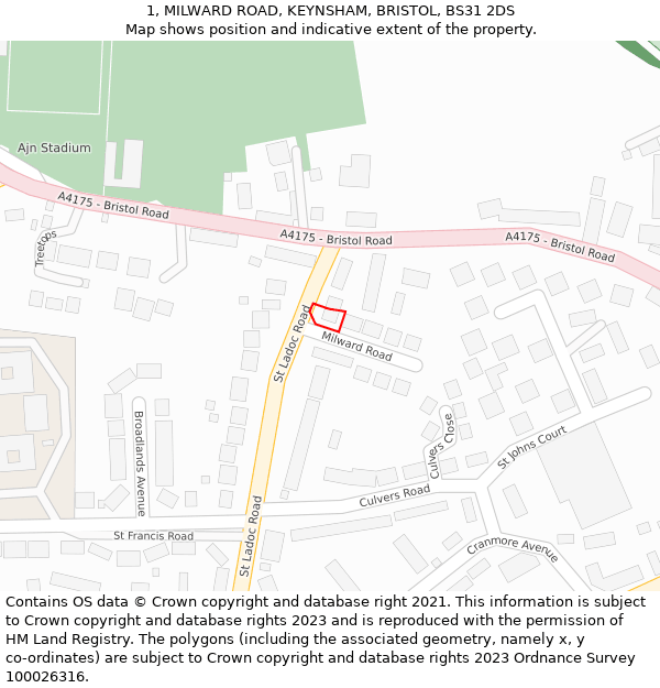 1, MILWARD ROAD, KEYNSHAM, BRISTOL, BS31 2DS: Location map and indicative extent of plot