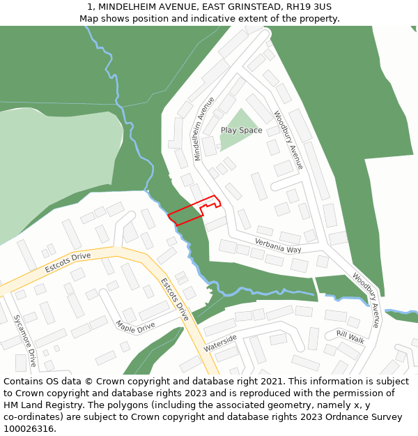 1, MINDELHEIM AVENUE, EAST GRINSTEAD, RH19 3US: Location map and indicative extent of plot