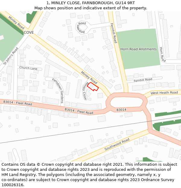 1, MINLEY CLOSE, FARNBOROUGH, GU14 9RT: Location map and indicative extent of plot