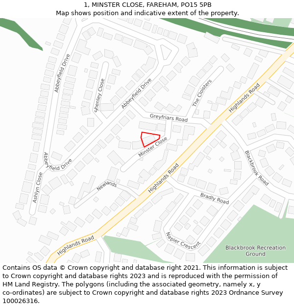 1, MINSTER CLOSE, FAREHAM, PO15 5PB: Location map and indicative extent of plot