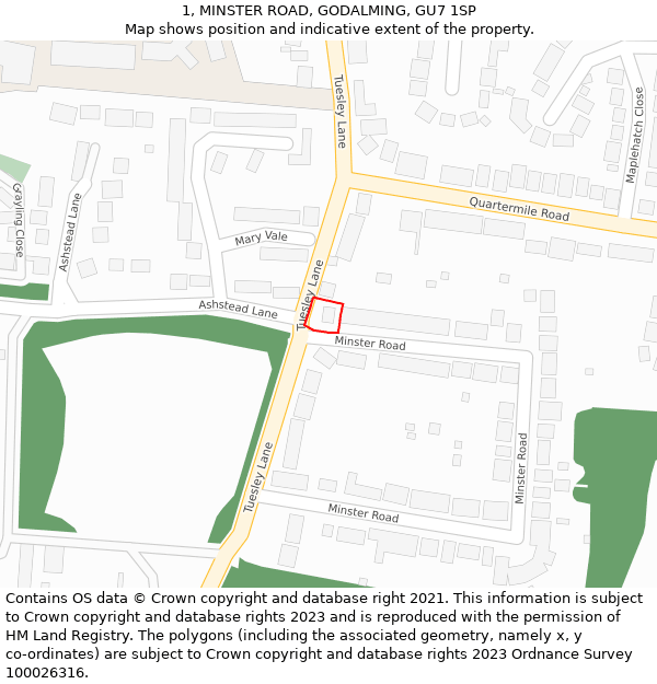 1, MINSTER ROAD, GODALMING, GU7 1SP: Location map and indicative extent of plot