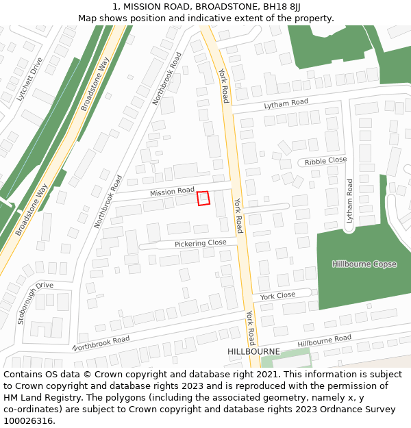 1, MISSION ROAD, BROADSTONE, BH18 8JJ: Location map and indicative extent of plot