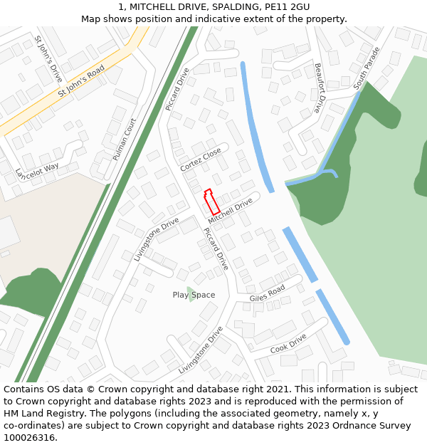 1, MITCHELL DRIVE, SPALDING, PE11 2GU: Location map and indicative extent of plot