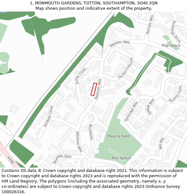 1, MONMOUTH GARDENS, TOTTON, SOUTHAMPTON, SO40 2QN: Location map and indicative extent of plot