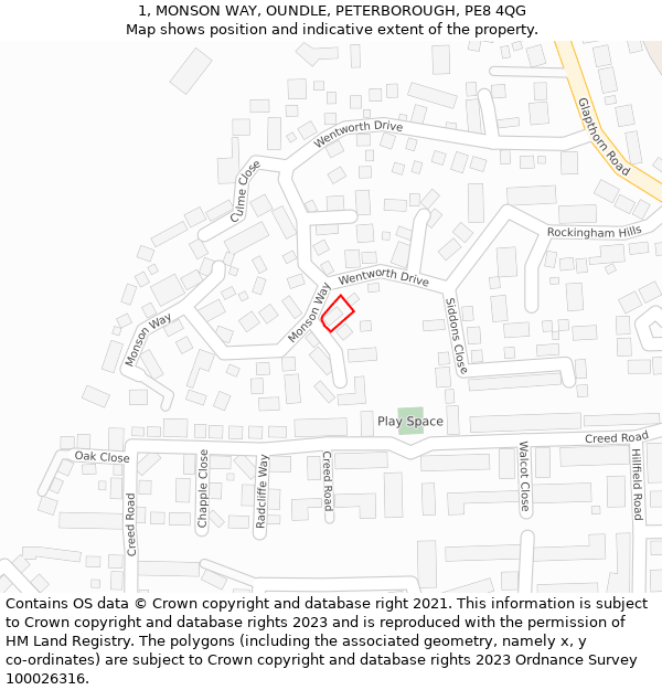 1, MONSON WAY, OUNDLE, PETERBOROUGH, PE8 4QG: Location map and indicative extent of plot