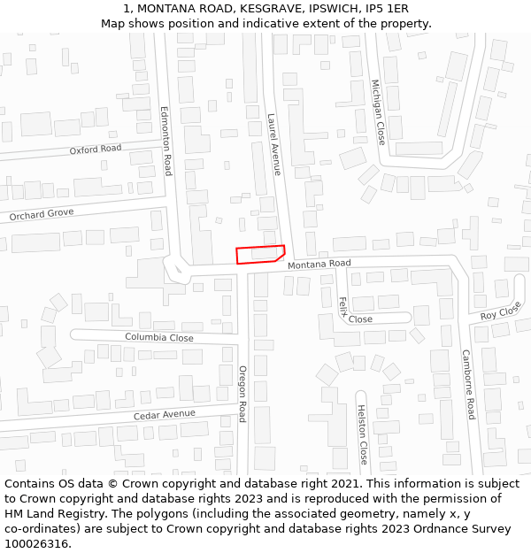1, MONTANA ROAD, KESGRAVE, IPSWICH, IP5 1ER: Location map and indicative extent of plot