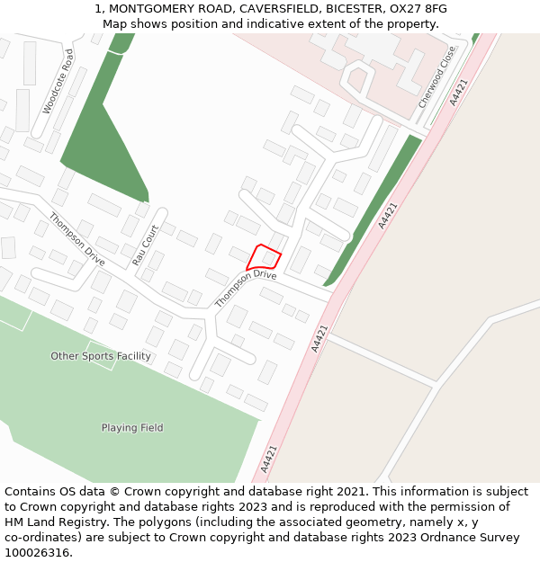 1, MONTGOMERY ROAD, CAVERSFIELD, BICESTER, OX27 8FG: Location map and indicative extent of plot