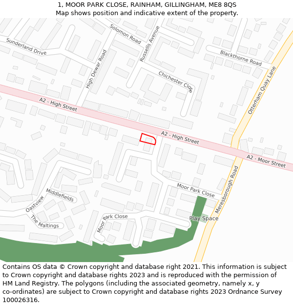 1, MOOR PARK CLOSE, RAINHAM, GILLINGHAM, ME8 8QS: Location map and indicative extent of plot