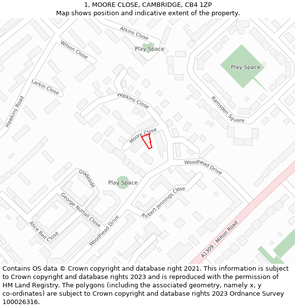 1, MOORE CLOSE, CAMBRIDGE, CB4 1ZP: Location map and indicative extent of plot