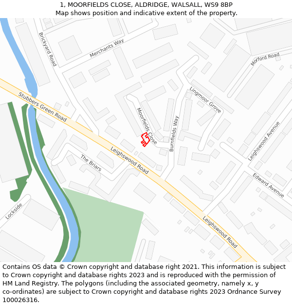 1, MOORFIELDS CLOSE, ALDRIDGE, WALSALL, WS9 8BP: Location map and indicative extent of plot