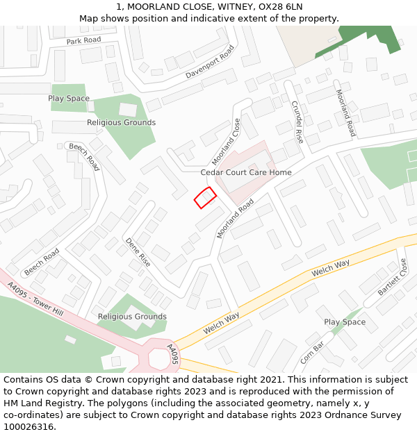 1, MOORLAND CLOSE, WITNEY, OX28 6LN: Location map and indicative extent of plot