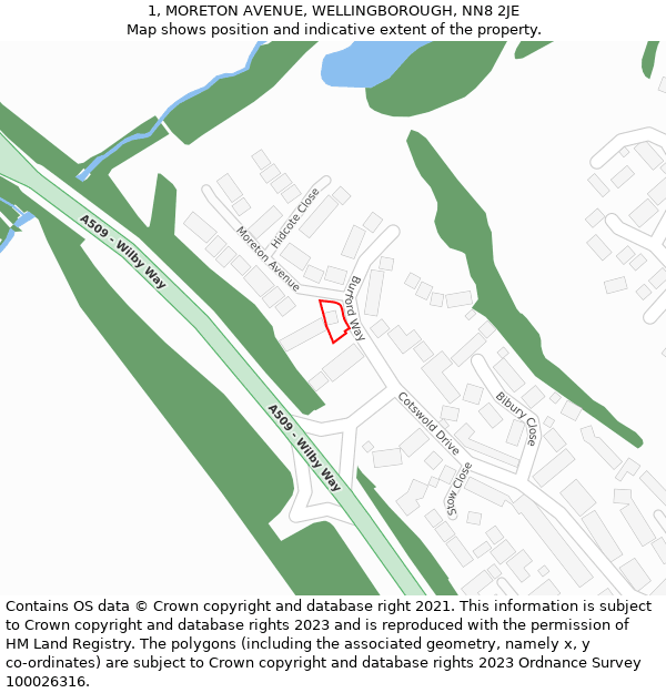 1, MORETON AVENUE, WELLINGBOROUGH, NN8 2JE: Location map and indicative extent of plot
