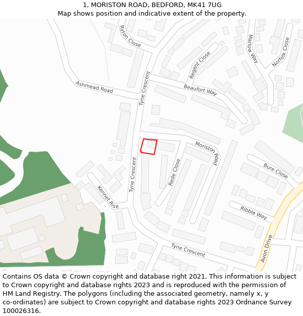 1, MORISTON ROAD, BEDFORD, MK41 7UG: Location map and indicative extent of plot