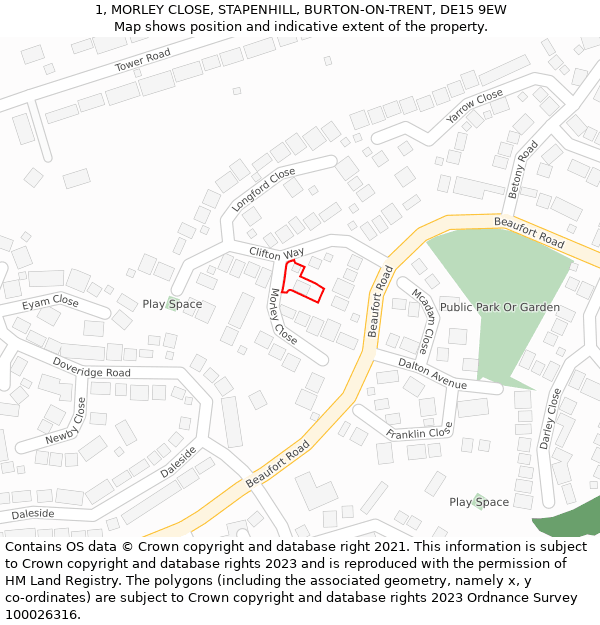 1, MORLEY CLOSE, STAPENHILL, BURTON-ON-TRENT, DE15 9EW: Location map and indicative extent of plot