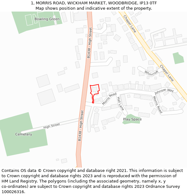 1, MORRIS ROAD, WICKHAM MARKET, WOODBRIDGE, IP13 0TF: Location map and indicative extent of plot