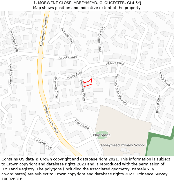 1, MORWENT CLOSE, ABBEYMEAD, GLOUCESTER, GL4 5YJ: Location map and indicative extent of plot