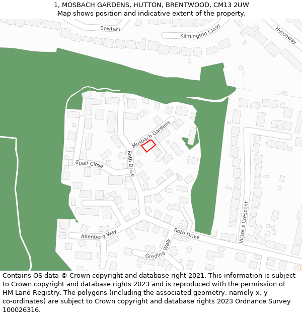 1, MOSBACH GARDENS, HUTTON, BRENTWOOD, CM13 2UW: Location map and indicative extent of plot