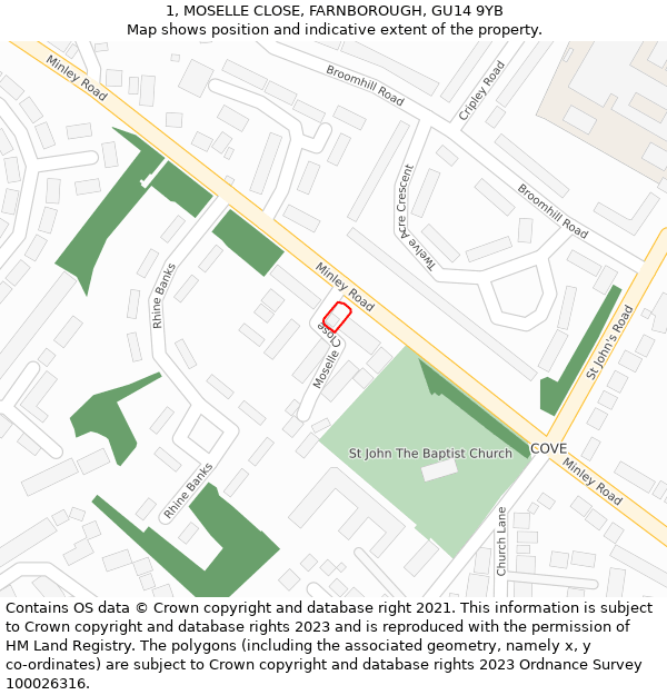 1, MOSELLE CLOSE, FARNBOROUGH, GU14 9YB: Location map and indicative extent of plot