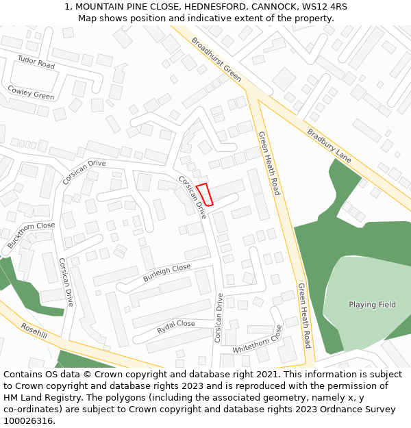 1, MOUNTAIN PINE CLOSE, HEDNESFORD, CANNOCK, WS12 4RS: Location map and indicative extent of plot